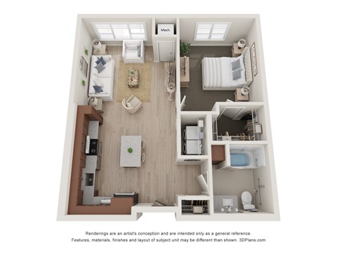 Floor plan for 1 bed, 1 bath, 727 sqft