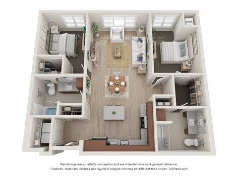 Floor plan for 2 beds, 2 baths, 1040 sqft