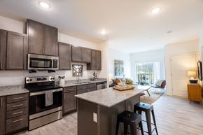 Maplewood apartment for rent - an open kitchen with stainless steel appliances and a granite counter top