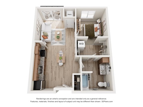 Floor plan for 1 bed, 1 bath, 658 sqft