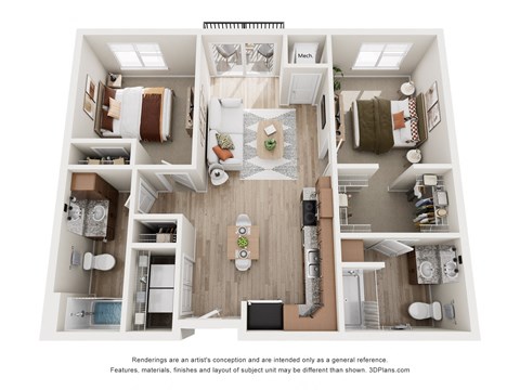 Floor plan for 2 beds, 2 baths, 934 sqft