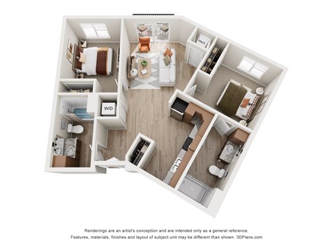 Floor plan for 2 beds, 2 baths, 954 sqft
