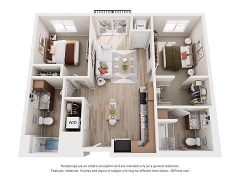 Floor plan for 2 beds, 2 baths, 934 sqft