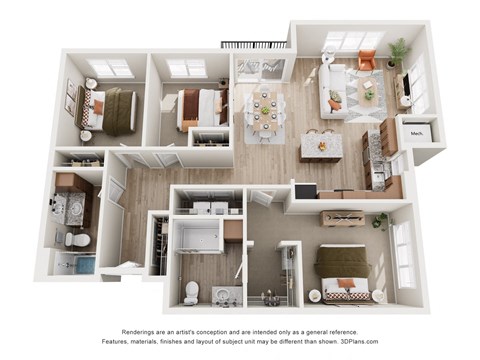 Floor plan for 3 beds, 2 baths, 1337 sqft