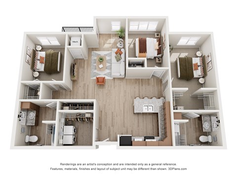 Floor plan for 3 beds, 2 baths, 1340 sqft
