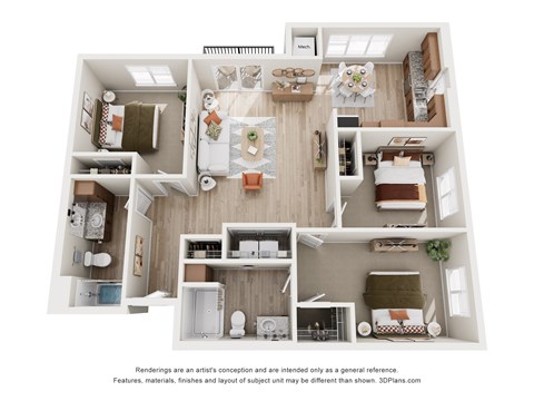 Floor plan for 3 beds, 2 baths, 1297 sqft