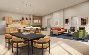 Woodbury apartment for rent - A modern dining room with a black table and chairs.