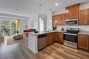 Coon Rapids apartment for rent - an open kitchen and living room with wooden floors and wooden cabinets