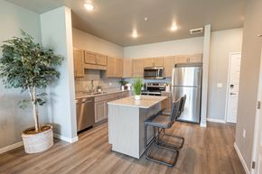 Rochester apartment for rent - a kitchen with stainless steel appliances and a island with chairs at Technology Park Apartments, Rochester, MN