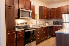 Lauderdale apartment for rent - a kitchen with wood cabinets and stainless steel appliances and a counter top