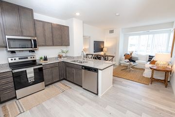 Mahtomedi apartment for rent - an open kitchen and living room with a couch and a table