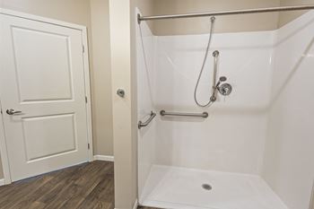 A bathroom with a shower and a door
