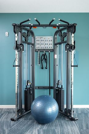 Mahtomedi apartment for rent - a gym ball and equipment in a room with a blue wall