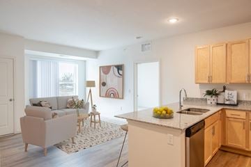 St. Louis Park apartment for rent - an open kitchen and living room with a couch and a table