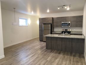 Winnipeg apartment for rent - an empty kitchen and living room with a refrigerator and a sink