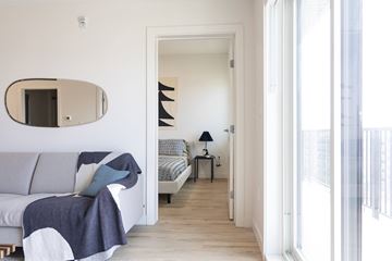 Winnipeg apartment for rent - A living room with a grey couch and a mirror on the wall.