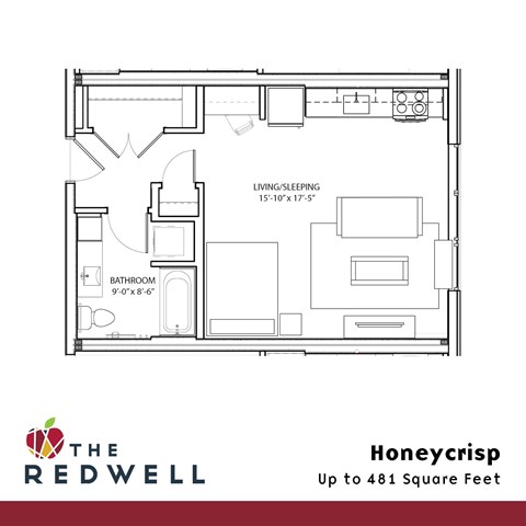 Floor plan for studio, 1 bath, 481 sqft