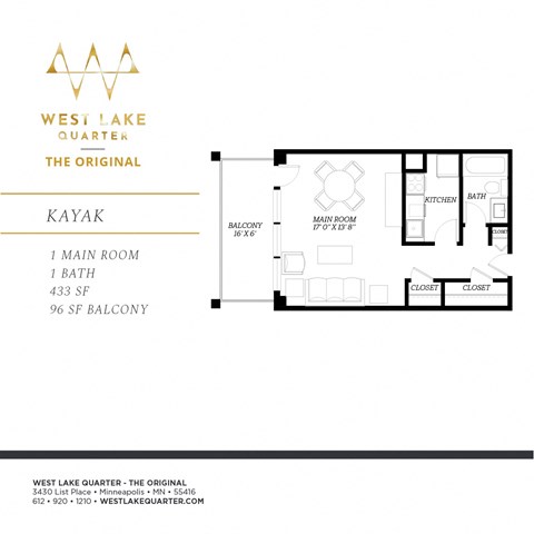 Floor plan for studio, 1 bath, 433 sqft