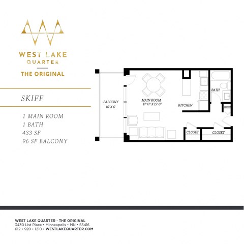Floor plan for studio, 1 bath, 433 sqft