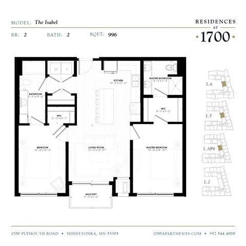 Floor plan for 2 beds, 2 baths, 996 sqft