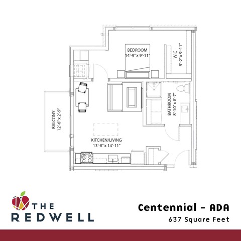 Floor plan for 1 bed, 1 bath, 637 sqft