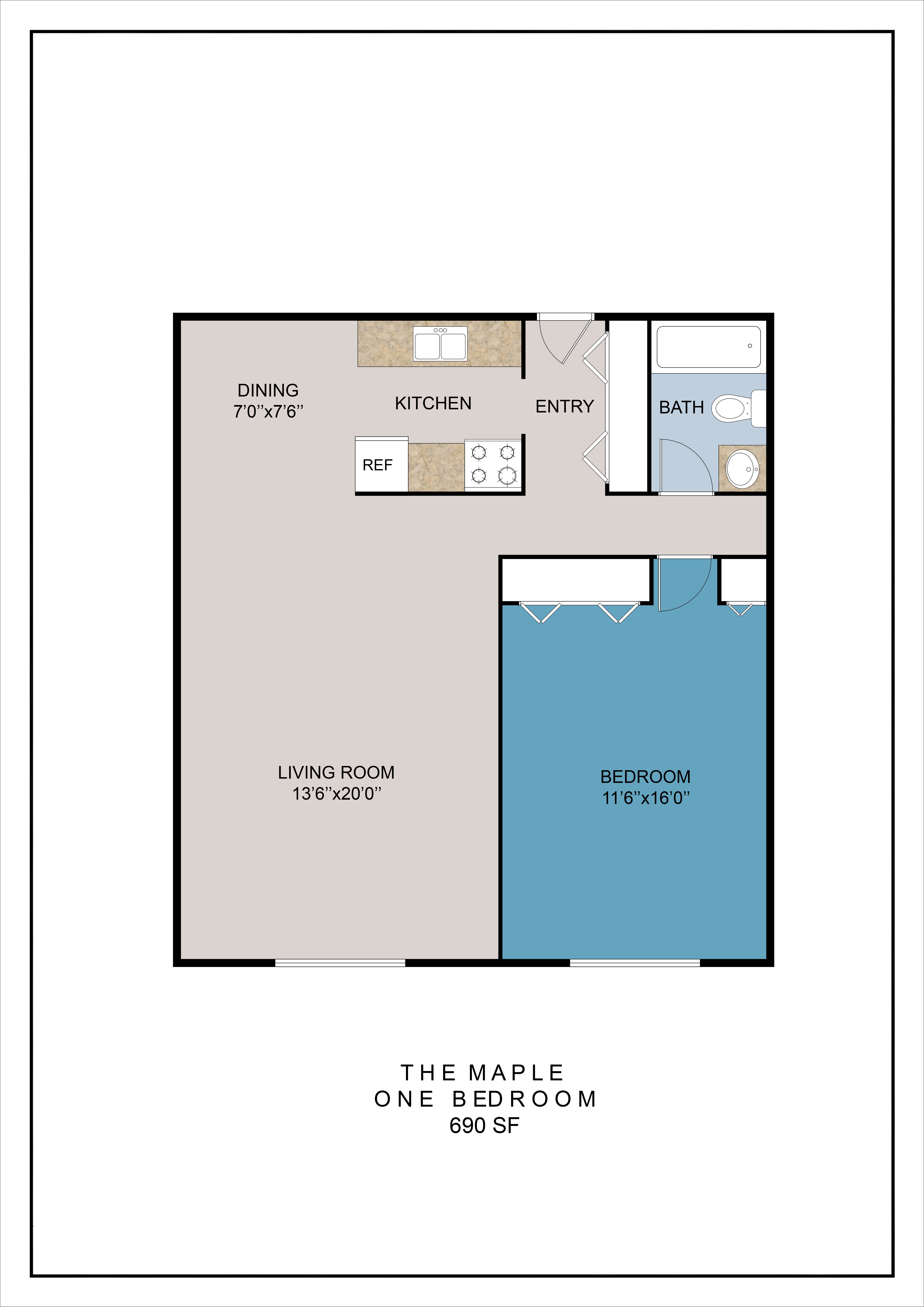 Floor plan for 1 bed, 1 bath, 690 sqft