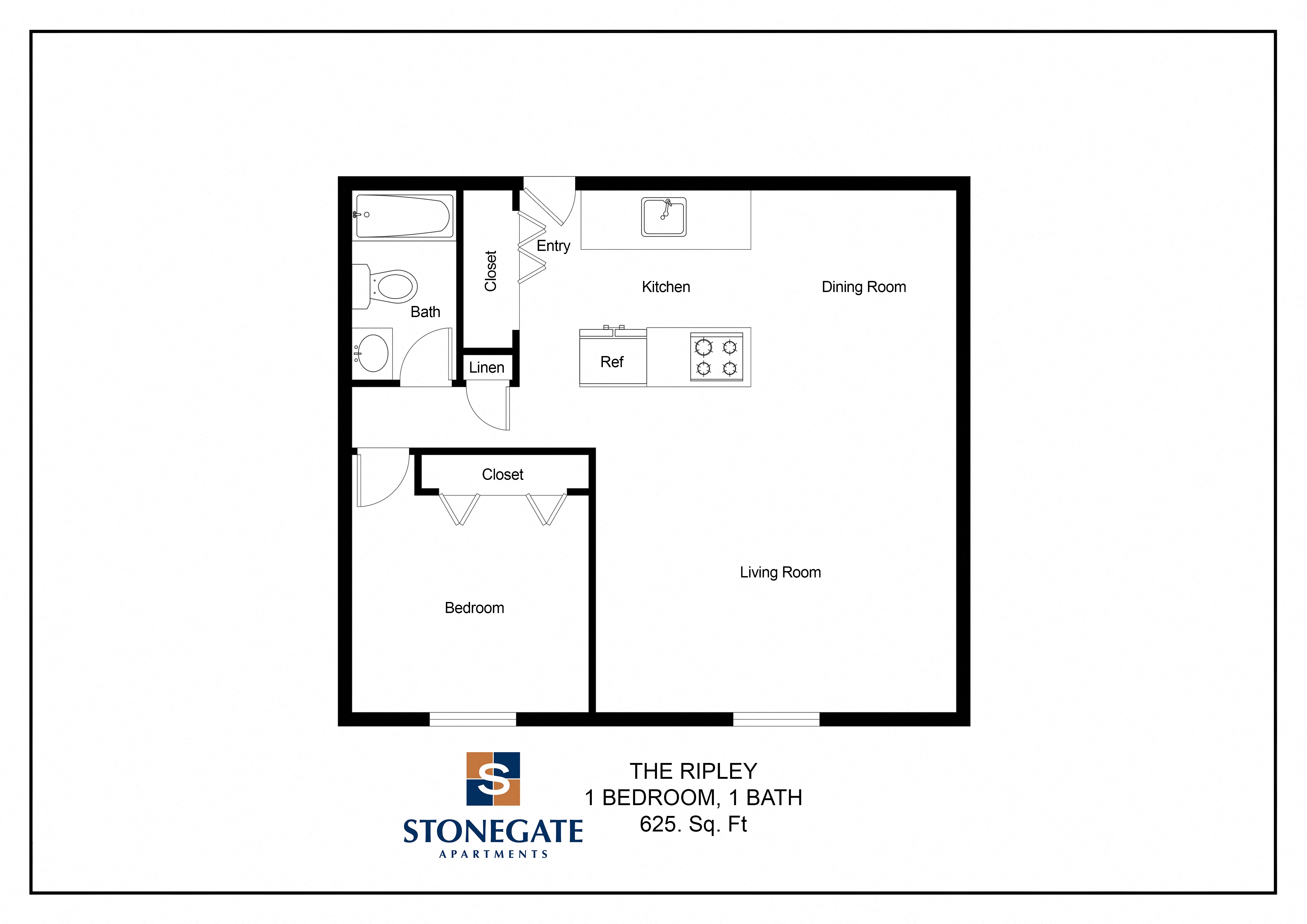 Floor plan for 1 bed, 1 bath, 625 sqft