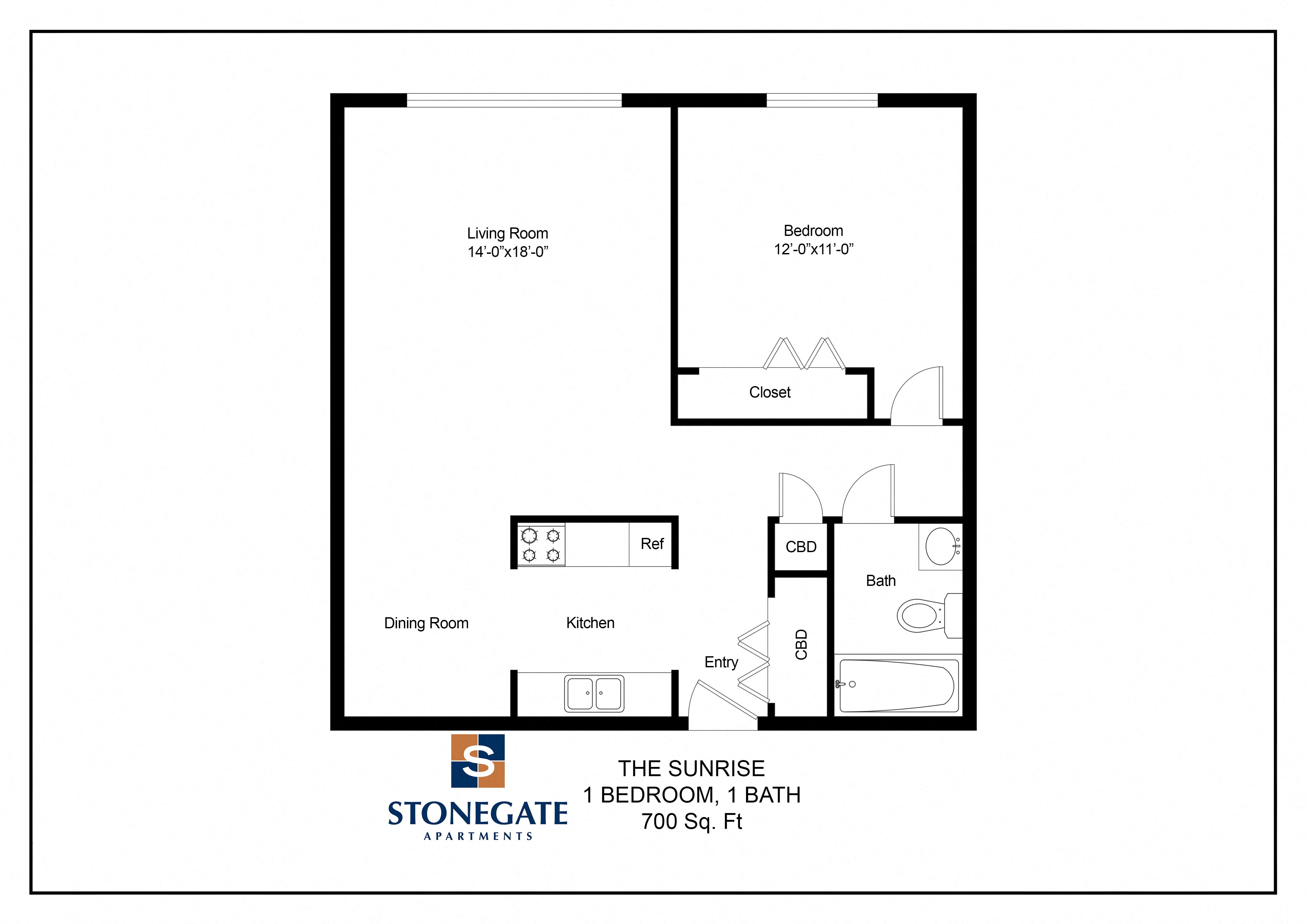 Floor plan for 1 bed, 1 bath, 700 sqft