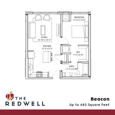 Floor plan for 1 bed, 1 bath, 682 sqft