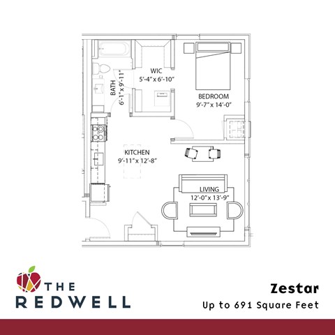 Floor plan for 1 bed, 1 bath, 691 sqft