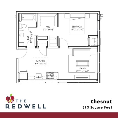 Floor plan for 1 bed, 1 bath, 593 sqft