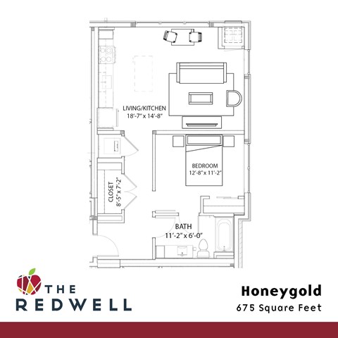 Floor plan for 1 bed, 1 bath, 675 sqft