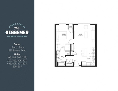 Floor plan for 1 bed, 1 bath, 681 sqft