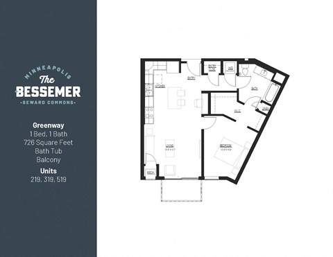 Floor plan for 1 bed, 1 bath, 726 sqft