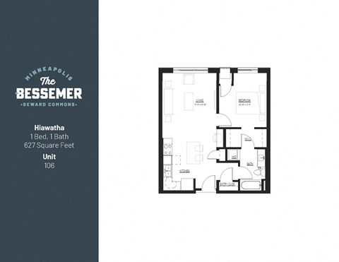 Floor plan for 1 bed, 1 bath, 627 sqft