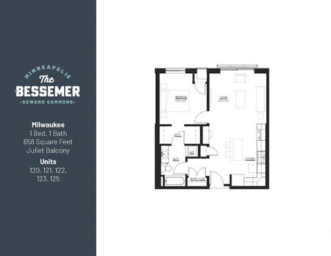 Floor plan for 1 bed, 1 bath, 658 sqft