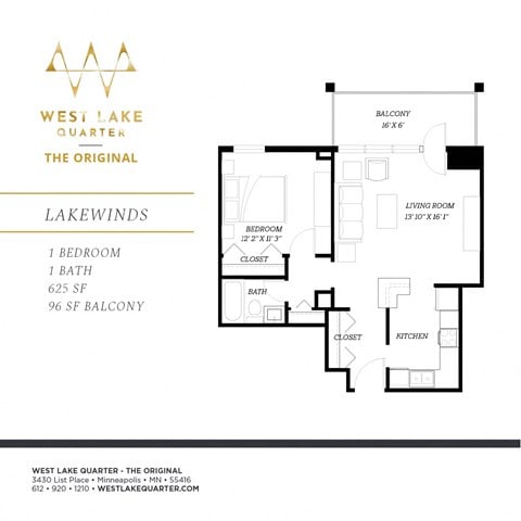 Floor plan for 1 bed, 1 bath, 625 sqft