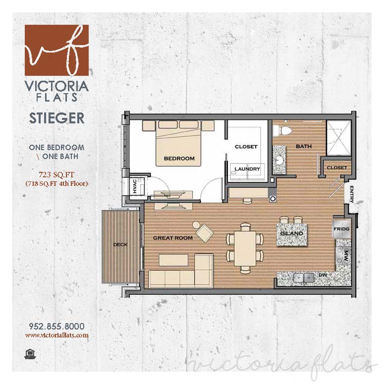 Floor plan for 1 bed, 1 bath, 723 sqft