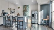 Minnetonka apartment for rent - A kitchen with a bar area and a refrigerator with a glass door.