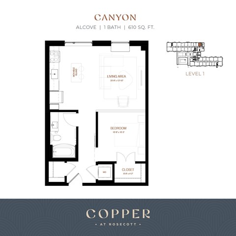 Floor plan for studio, 1 bath, 610 sqft