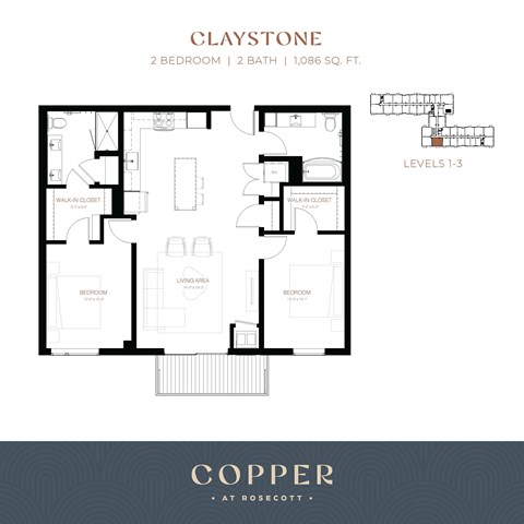 Floor plan for 2 beds, 2 baths, 1086 sqft