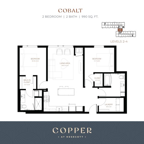 Floor plan for 2 beds, 2 baths, 990 sqft