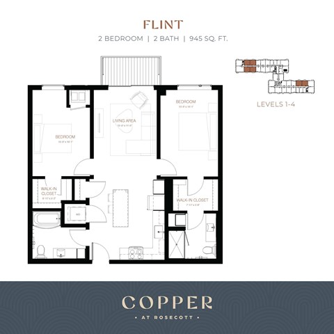 Floor plan for 2 beds, 2 baths, 945 sqft