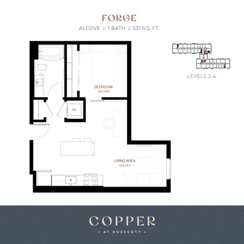 Floor plan for studio, 1 bath, 531 sqft