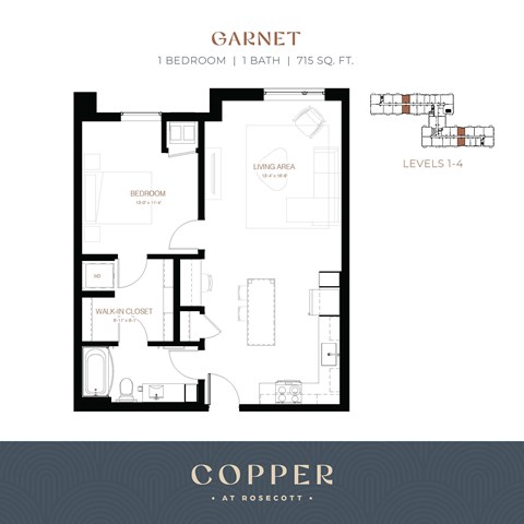 Floor plan for 1 bed, 1 bath, 715 sqft