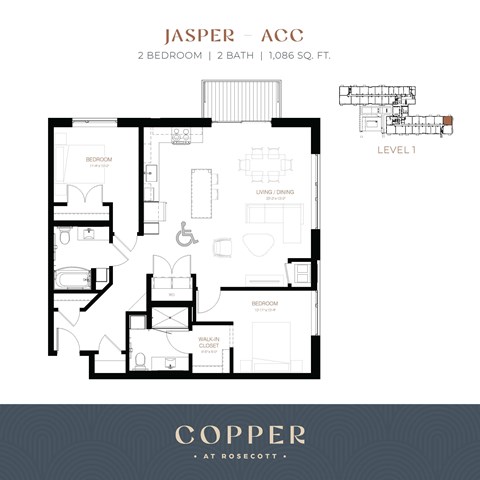 Floor plan for 2 beds, 2 baths, 1086 sqft