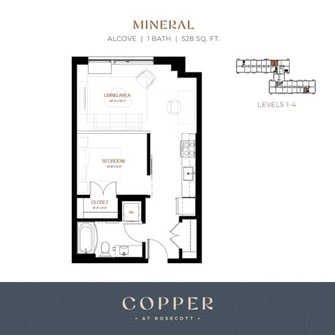Floor plan for studio, 1 bath, 528 sqft