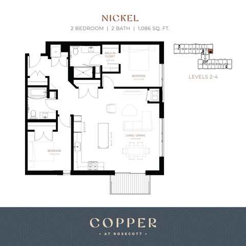 Floor plan for 2 beds, 2 baths, 1086 sqft