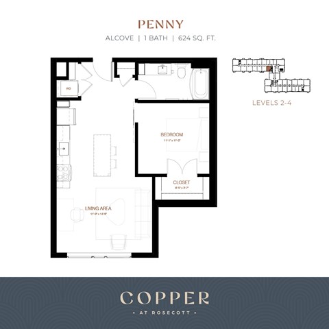 Floor plan for studio, 1 bath, 624 sqft