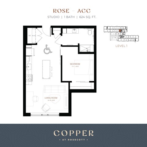 Floor plan for studio, 1 bath, 624 sqft
